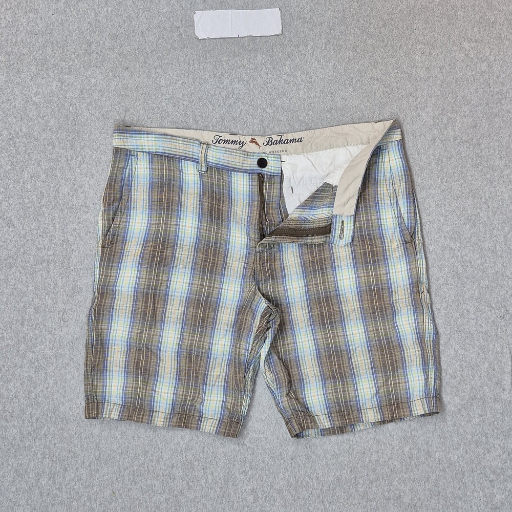 Tommy Bahama Men Shorts 35 Brown Linen Lyocell Plaid Chino Casual Coastal Beach